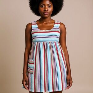 Vintage Terry Cloth Rainbow Striped Mini Dress Women's XL Multicolor Retro Boho